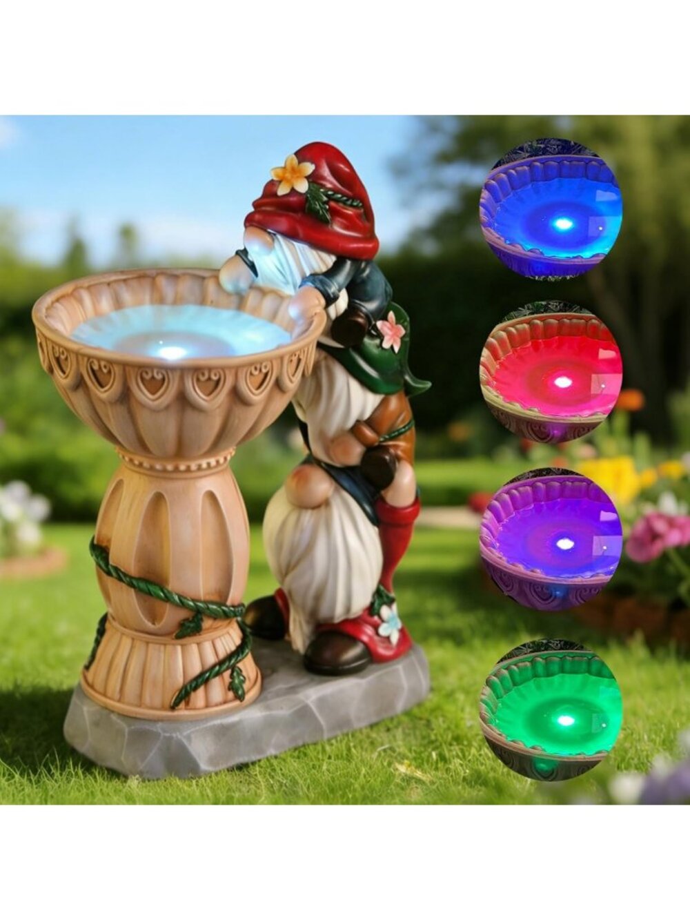 Colorful Solar Garden Gnomes with Bird Bath Feeder - Outdoor Yard Decor Statues